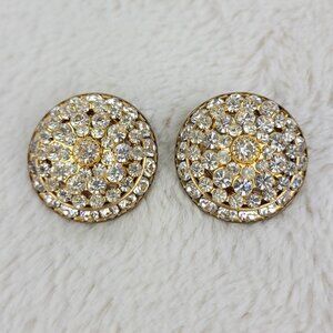 1950s Vintage Circular Clip Earrings with Gold Tone Metal and Clear Rhinestones